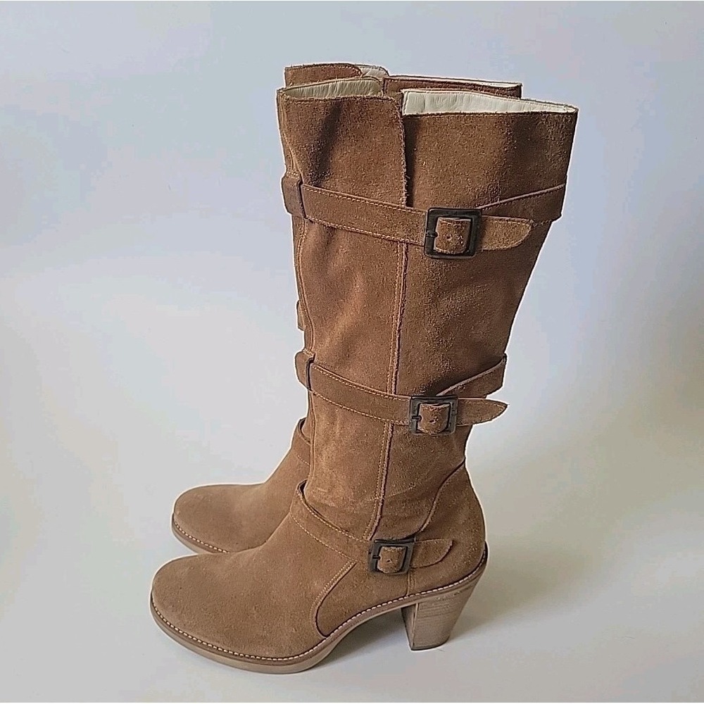 Via Spiga Knee High Boots 8.5M Chestnut Suede Block Heel Quiet Luxury Western